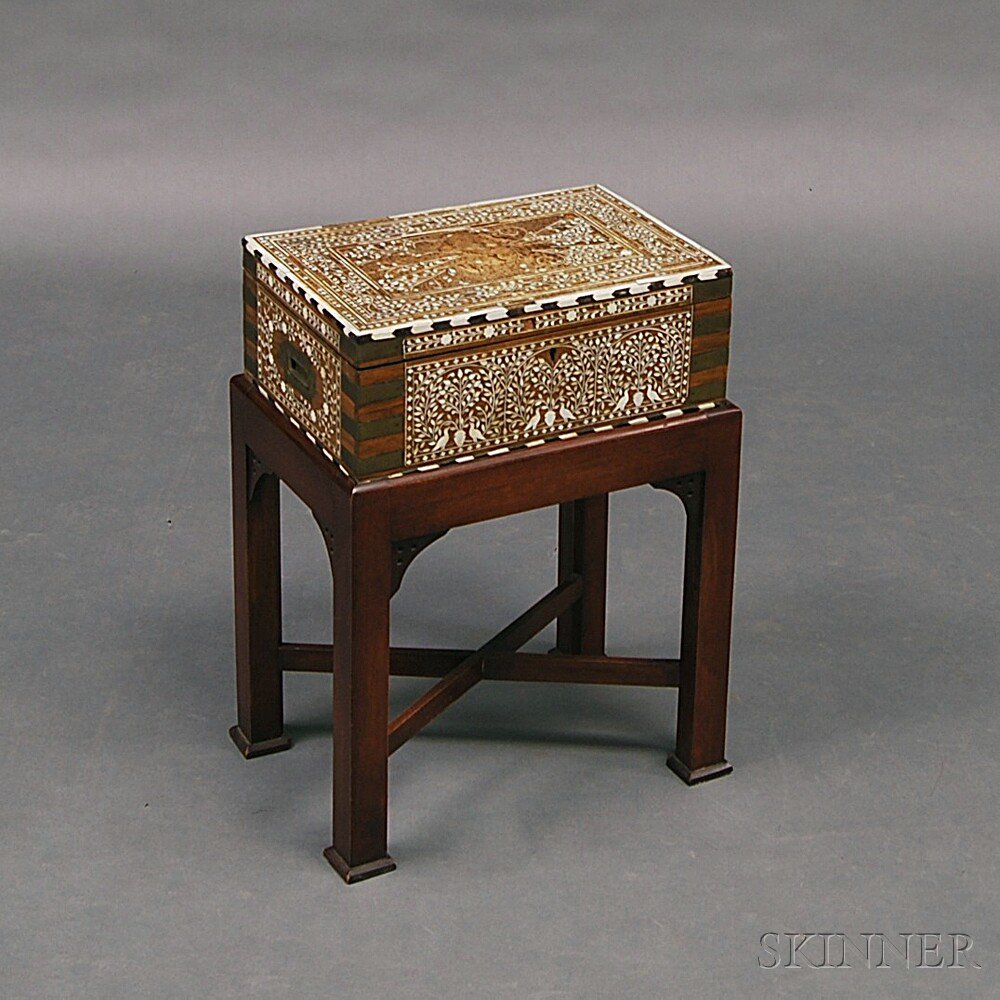 Appraisal: Anglo-Indian Bone-inlaid Brass-mounted Hardwood Captain's Chest on Stand th century