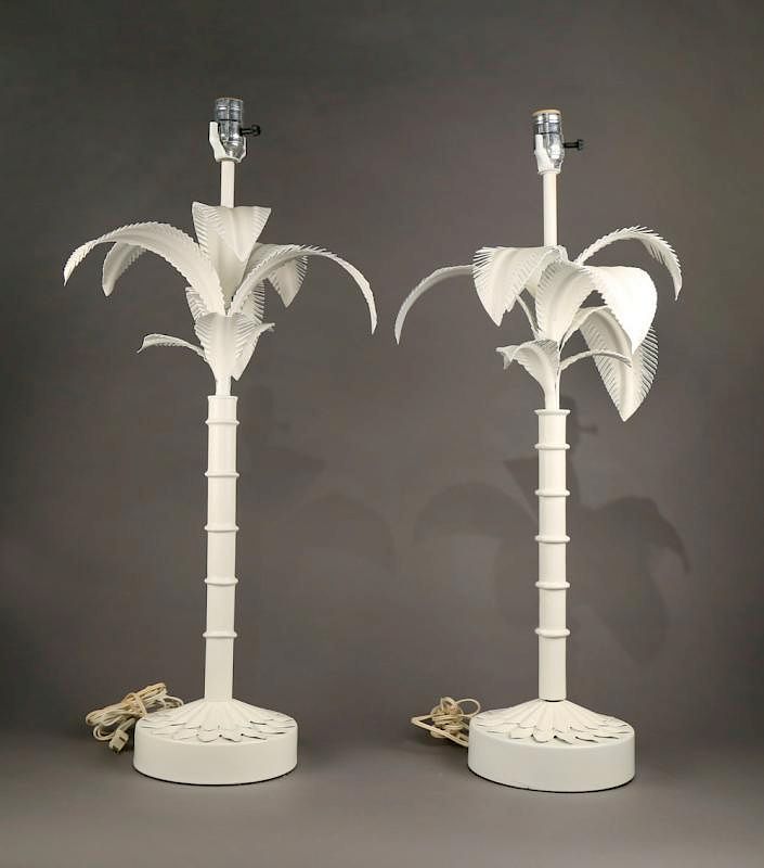 Appraisal: Pair Metal Palm Tree Lamps c s Painted white in