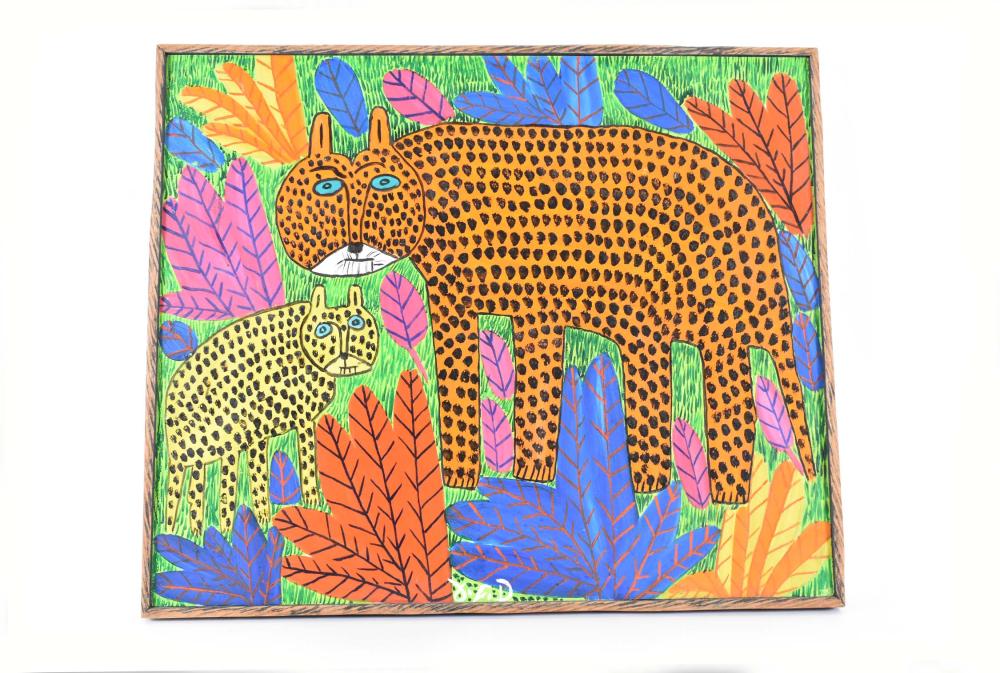 Appraisal: HAITIAN SCHOOL TH CENTURY PAINTINGCheetah with Her Cub Monogrammed l