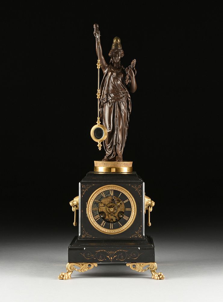 Appraisal: A NEO-GREC PATINATED AND GILT METAL LADY LIBERTY MOUNTED MARBLE