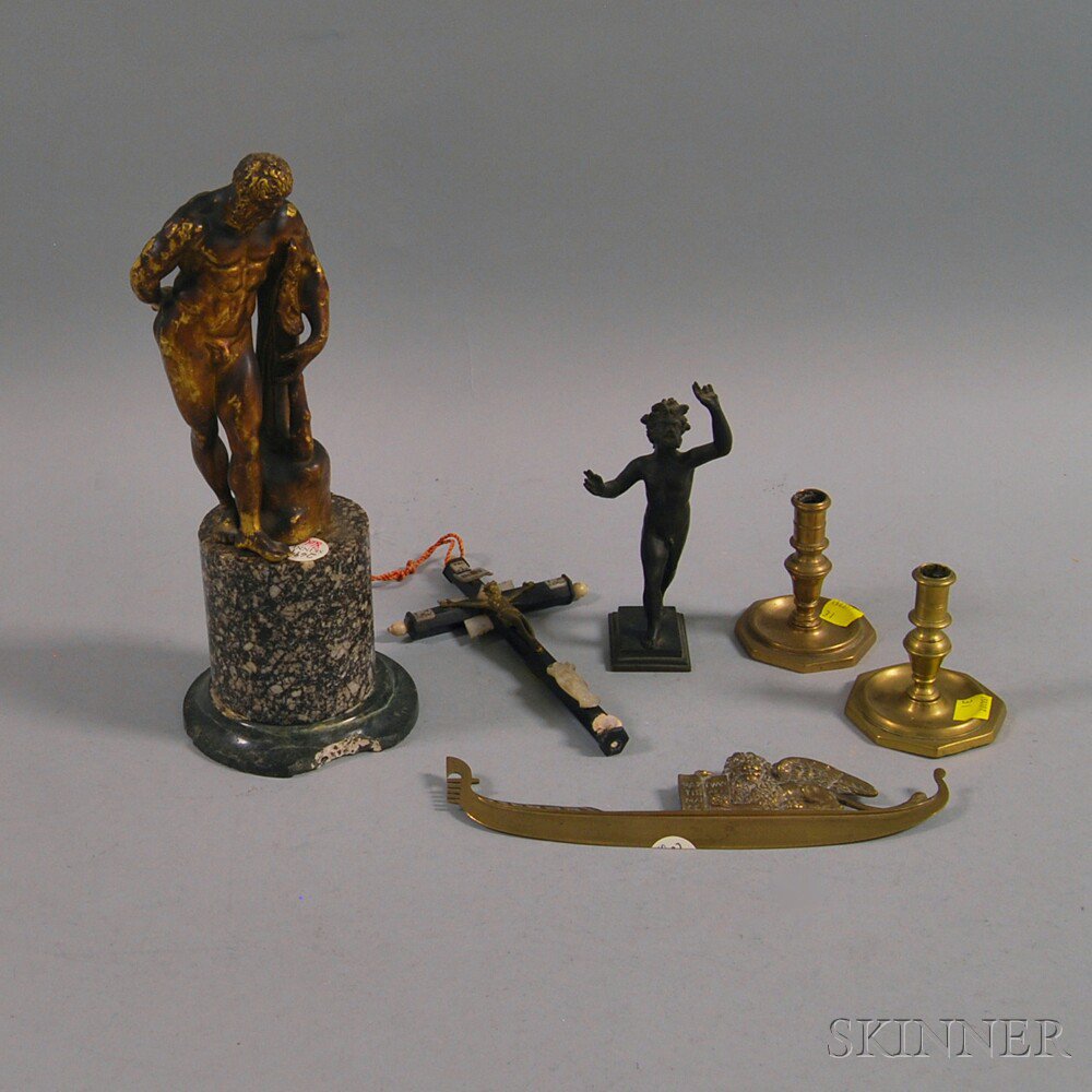 Appraisal: Three Bronze Florentine Mementos Two Brass Tapersticks and a Crucifix