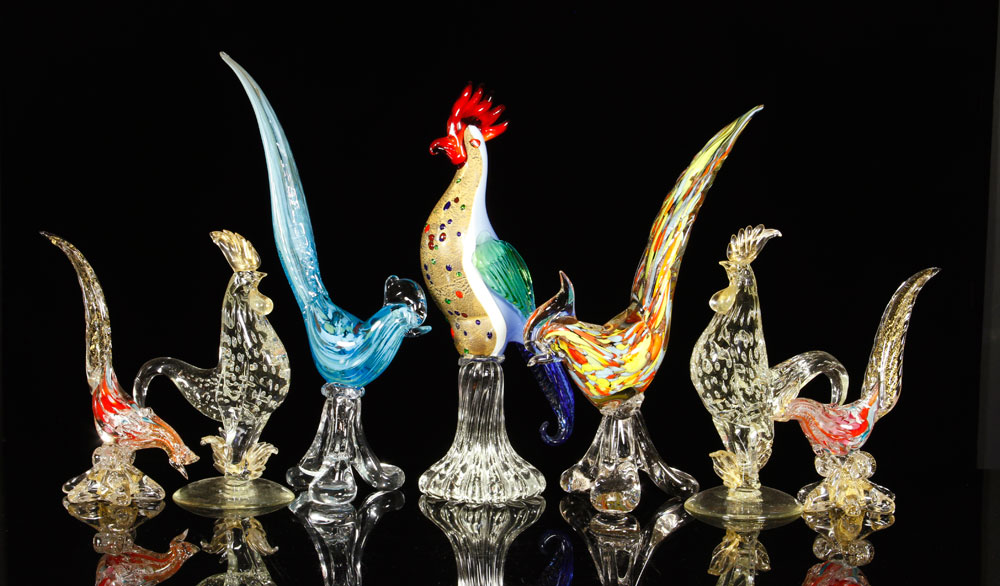 Appraisal: - Murano Glass Roosters Collection of seven roosters Murano glass