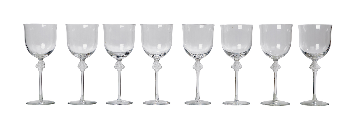 Appraisal: SET OF EIGHT LALIQUE ROXANE WINE GLASSES The glass bowl