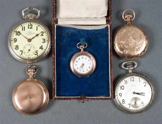 Appraisal: Group of pocket watches including gold-plated open-face pendant watch together