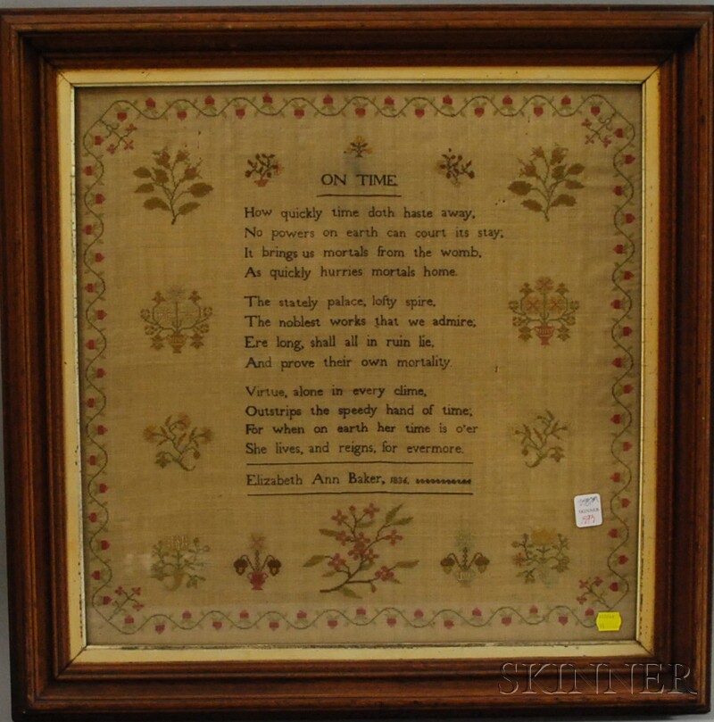 Appraisal: Framed Elizabeth Ann Baker Needlework Sampler in a walnut frame