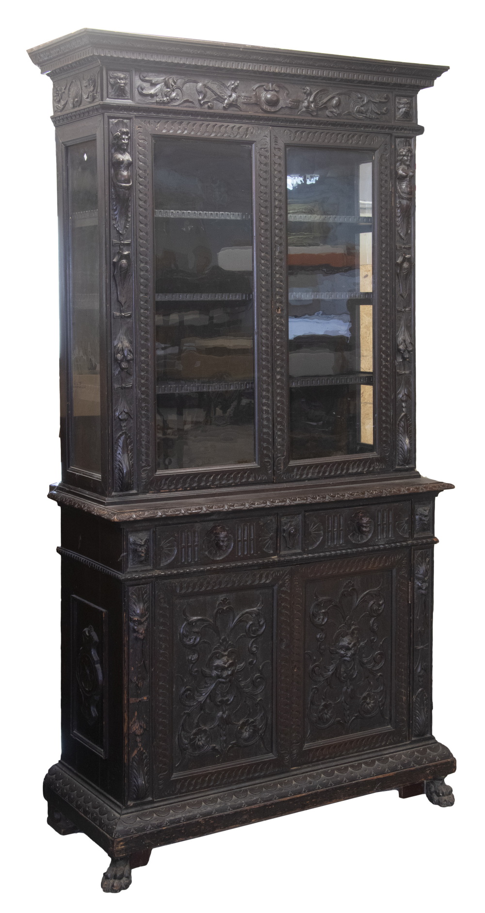 Appraisal: CARVED CONTINENTAL CABINET th c Two-Part Walnut Cupboard probably German