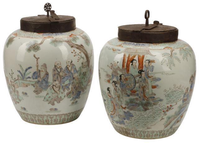 Appraisal: pair Chinese polychrome porcelain tea jars with iron mounts honorific