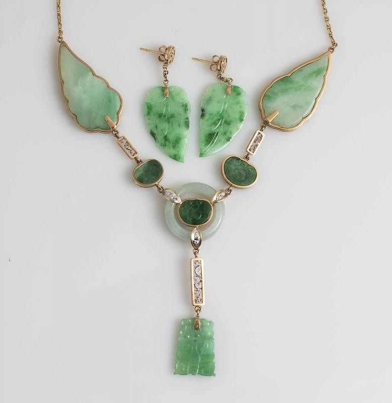 Appraisal: Jade and Diamond Necklace Earrings Dyed jade k necklace accented