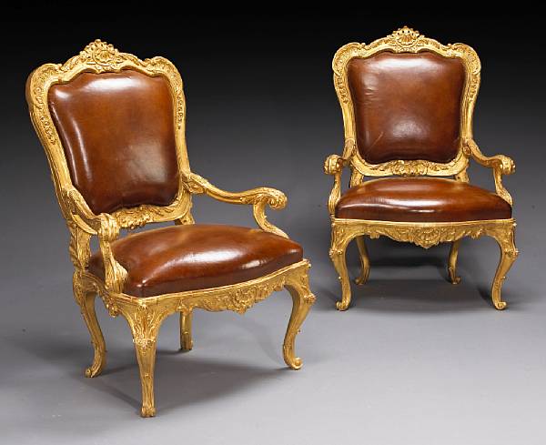 Appraisal: A set of six imposing Venetian Rococo style giltwood armchairs