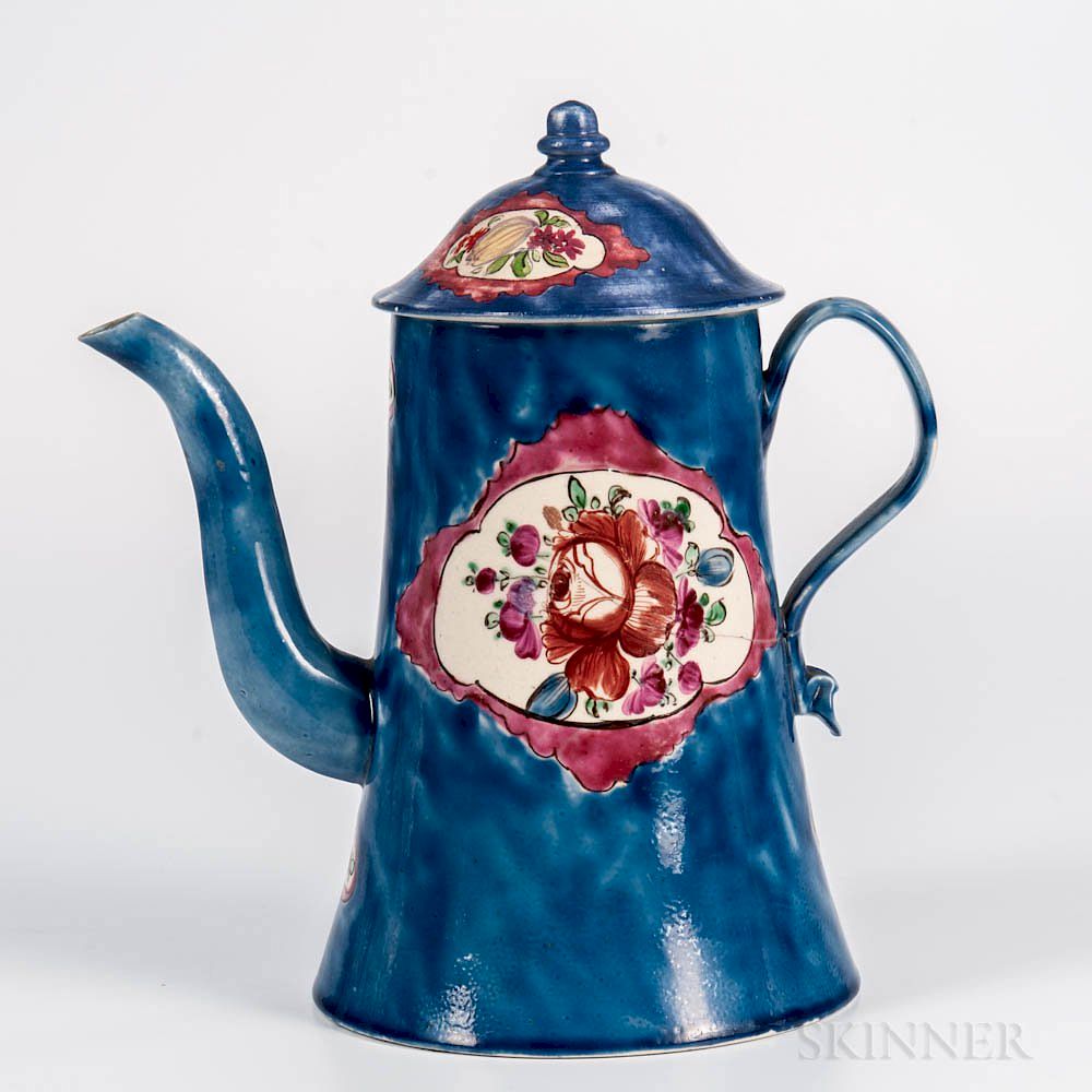 Appraisal: Staffordshire White Salt-glazed Stoneware Blue-ground Coffeepot and Cover Staffordshire White