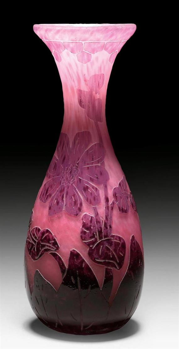 Appraisal: SCHNEIDER VASE circa Acid-etched pink glass with violet overlay Signed