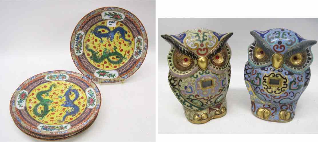 Appraisal: FOUR CHINESE PORCELAIN PLATES PAIR CHINESE CLOISONNE ENAMEL OWLS The