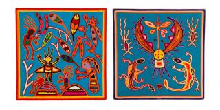 Appraisal: Two Bright Blue Huichol Art Yarn Works on Wood Huichol