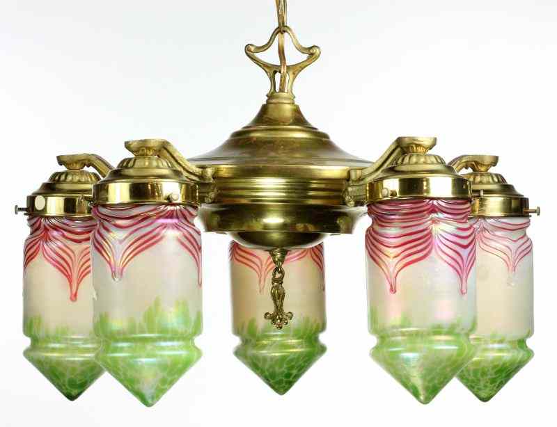 Appraisal: att Loetz Art Nouveau Chandelierfive white opalescent globes with pulled