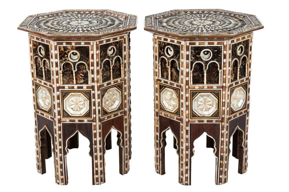 Appraisal: PAIR OF SYRIAN INLAID OCCASIONAL TABLESeach with a rimmed octagonal