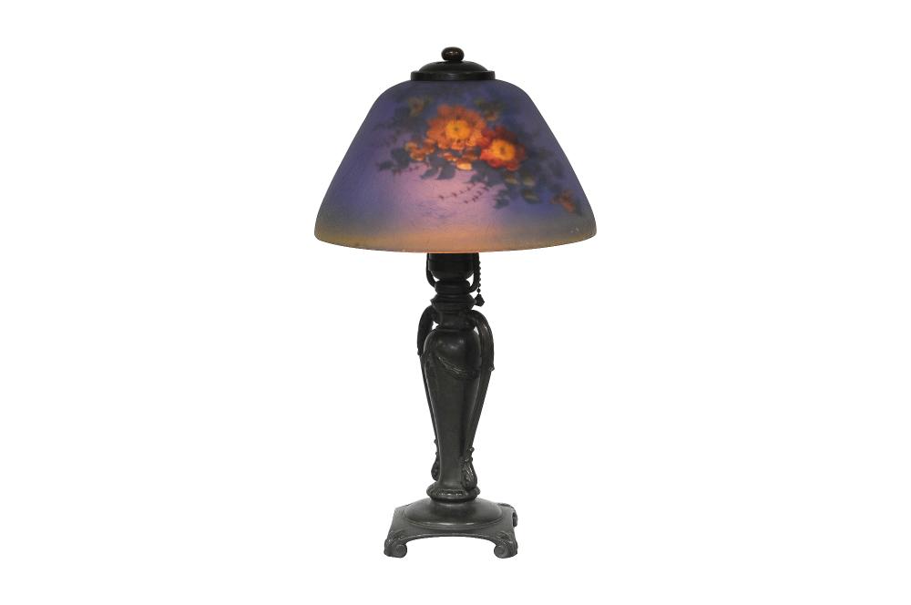 Appraisal: CLASSIQUE BRONZE REVERSE-PAINTED GLASS BOUDOIR LAMPcirca the shade signed M