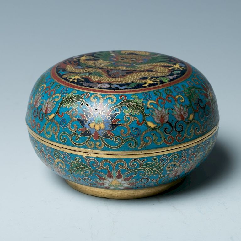 Appraisal: CLOISONNE 'DRAGON' BOX WITH COVER LATE QING Of a globular