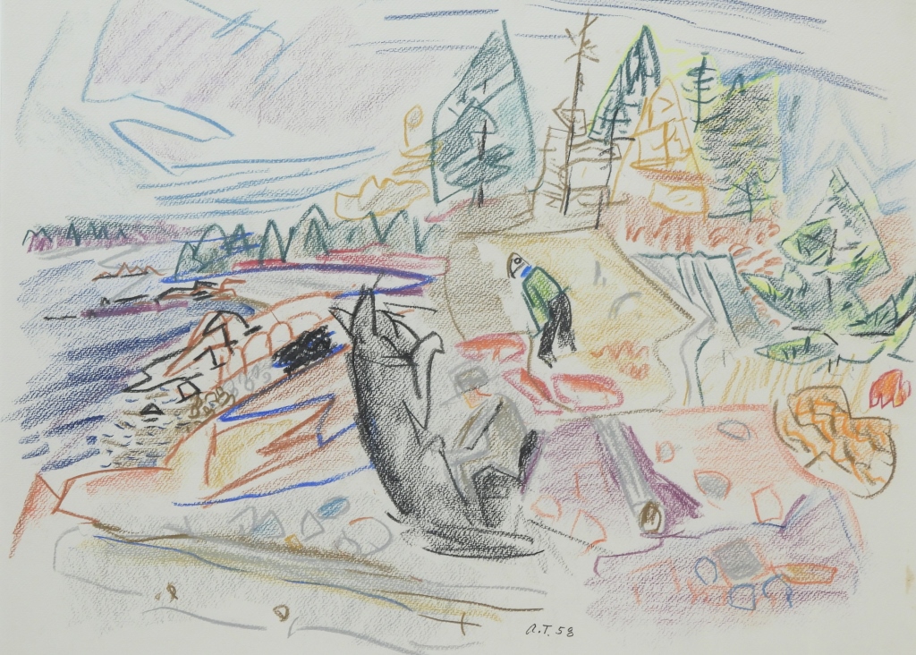 Appraisal: ARTHUR THOMPSON BEACH OIL CRAYON DRAWING Maine - Abstract depiction