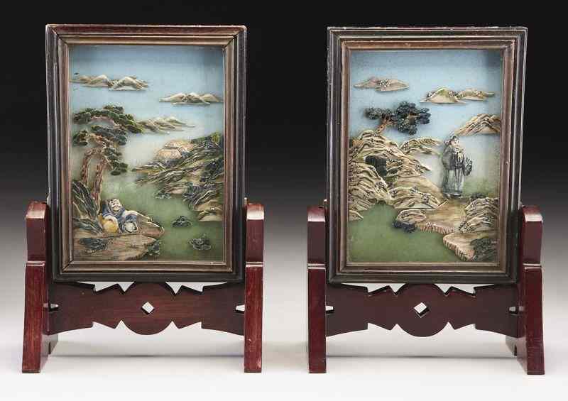 Appraisal: Pr Chinese carved polychrome ivory table screens International buyers should