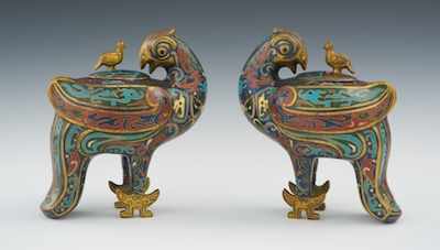 Appraisal: A Pair of Chinese Archaistic Style Cloisonne Birds A wonderful