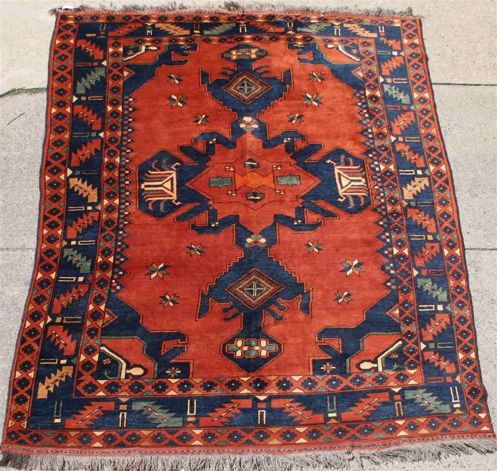 Appraisal: KAZAK TRIBAL RUG brick field with navy grey peach bright