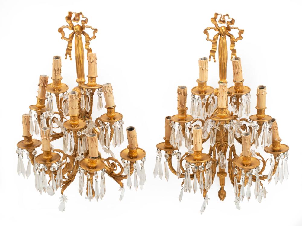 Appraisal: Pair of Louis XV-Style Gilt Bronze and Crystal Nine-Light Sconces