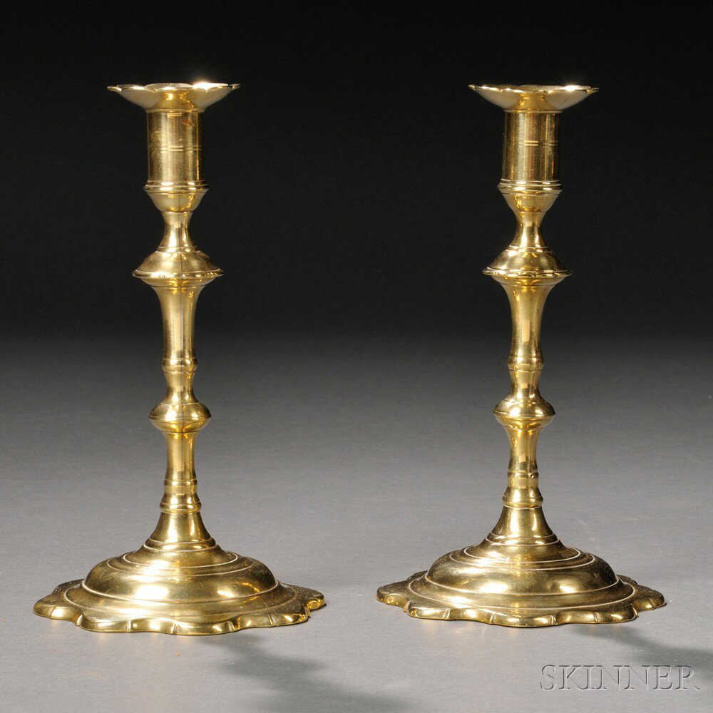 Appraisal: Pair of Queen Anne Brass Petal-base Candlesticks England th century