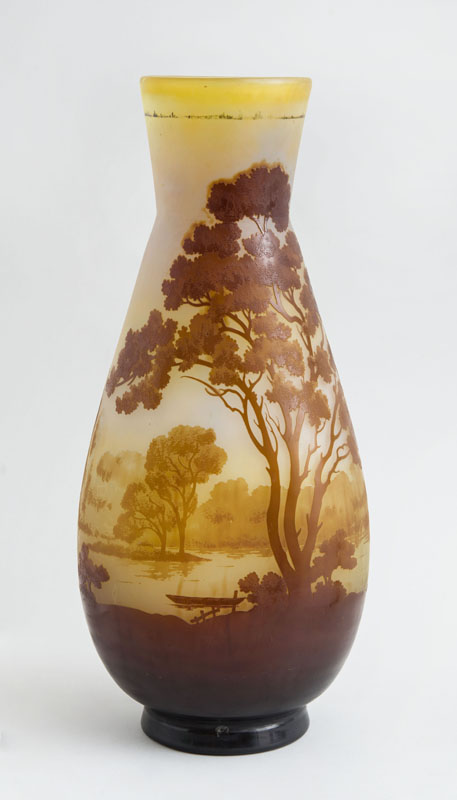 Appraisal: GALL CAMEO GLASS LANDSCAPE VASE The flattened flared head bowl