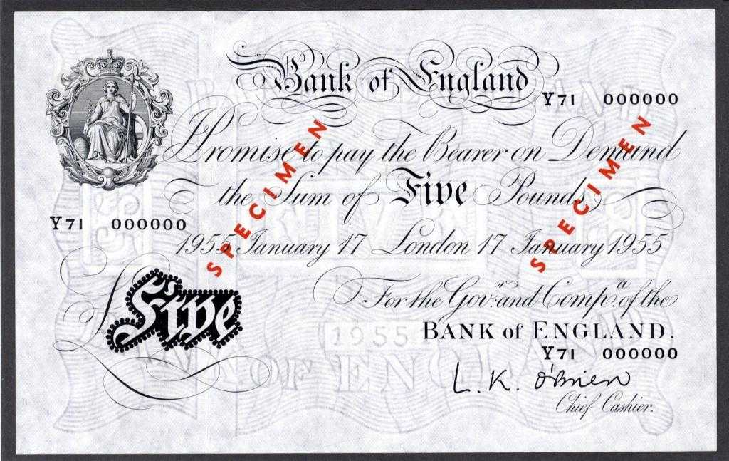 Appraisal: BANK OF ENGLAND L K O'BRIEN WHITE FIVE POUNDS JANUARY