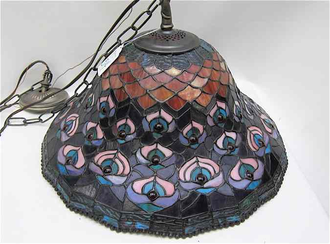 Appraisal: STAINED LEADED GLASS CEILING LIGHT FIXTURE in peacock feather pattern