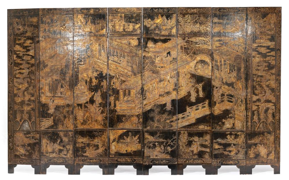 Appraisal: Chinese Carved and Painted Lacquer Eight Panel Screen front with