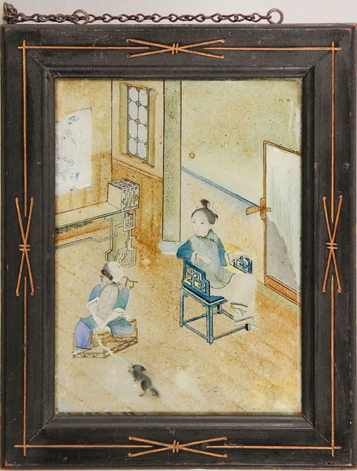 Appraisal: Chinese painting on glass interior scene late th c x