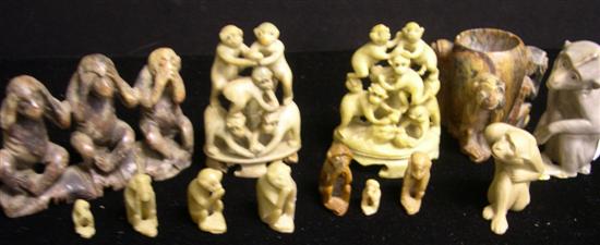 Appraisal: Thirteen monkey figurines eleven carved hardstone including one cup form