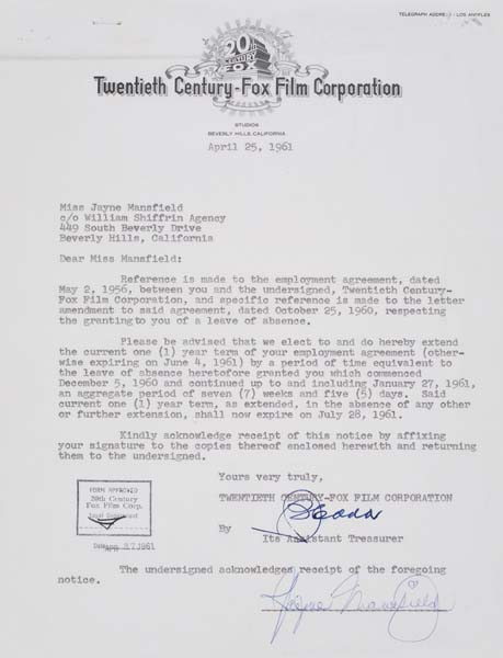 Appraisal: JAYNE MANSFIELD Group of typed letters signed by Mansfield regarding