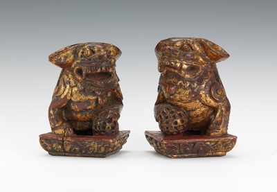 Appraisal: Pair of Chinese Gilt Wood Foo Dogs Mirror pair carved