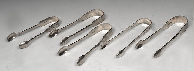 Appraisal: A COLLECTION OF FIVE SILVER PAIRS OF SUGAR TONGS mostly