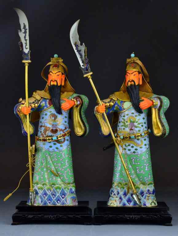 Appraisal: Pr Chinese Gilt Silver Cloisonn Ivory WarrioDepicting two standing warriors