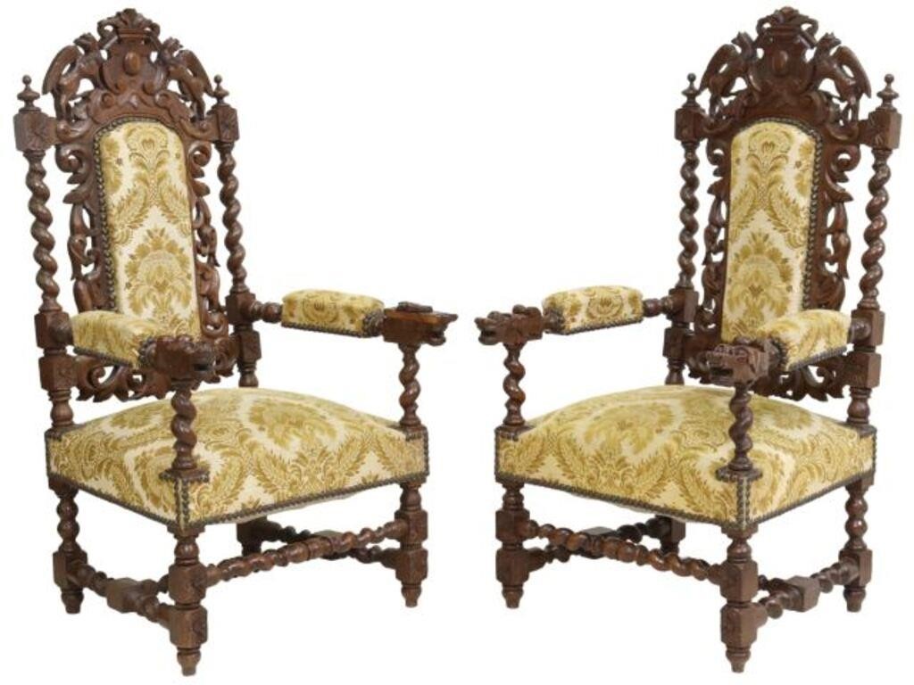 Appraisal: pair French Louis XIII style oak armchairs late th c