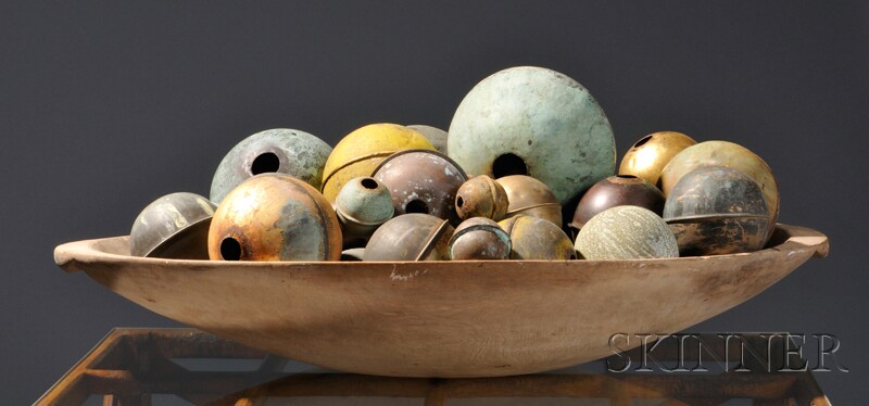 Appraisal: Large Carved Ash Bowl filled with Gilt and Patinated Copper