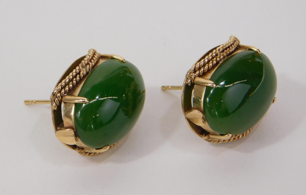 Appraisal: K GOLD LADY'S GREEN CABOCHON STONE EARRINGS China Contemporary K