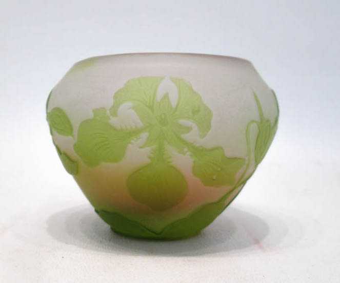 Appraisal: GALLE CAMEO GLASS BOWL having green acid etched water lilies