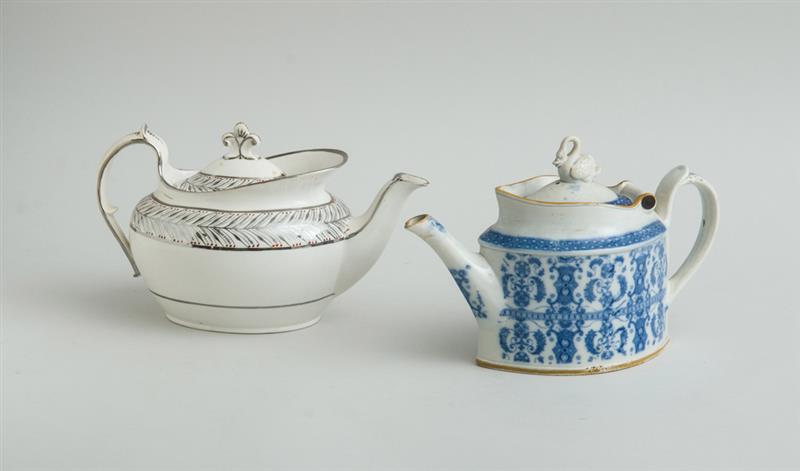 Appraisal: ENGLISH BLUE TRANSFER-PRINTED TEAPOT AND A SILVER LUSTREWARE TEAPOT The