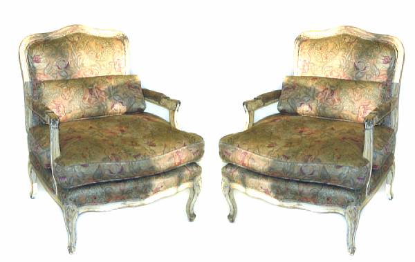 Appraisal: A pair of Louis XV style fauteuil height in width