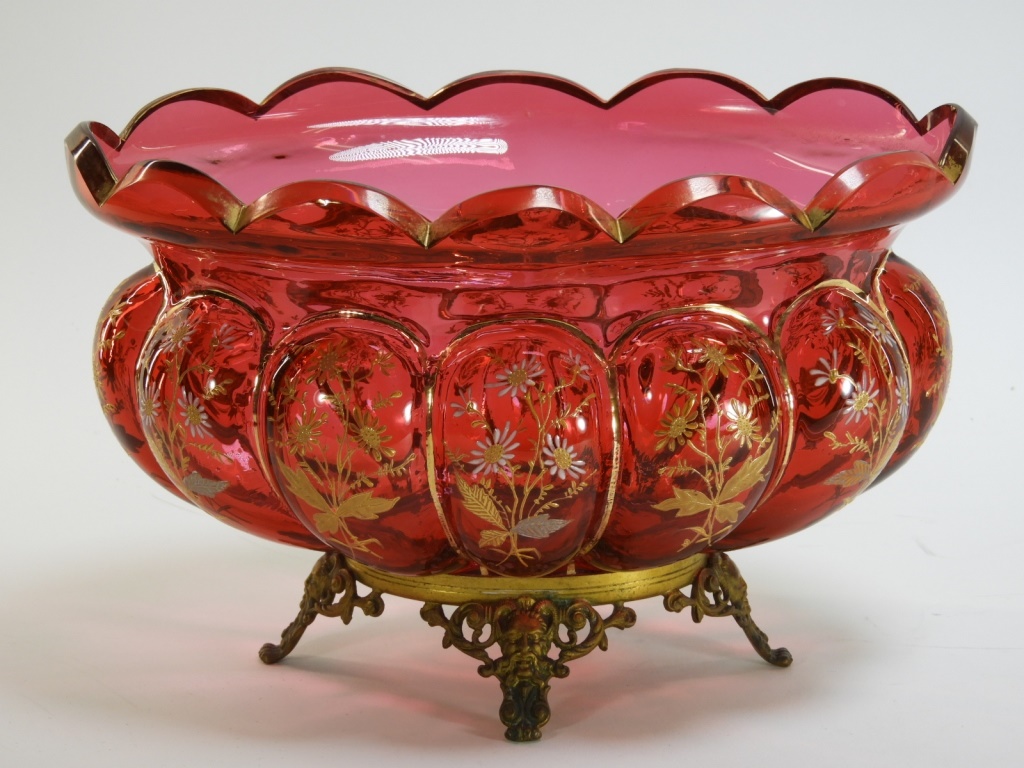 Appraisal: MOSER ENAMEL CRANBERRY GLASS CENTER BOWL Czechoslovakia th CenturyBronze mounted