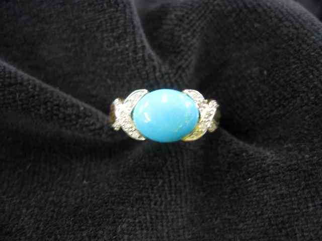 Appraisal: Turquoise Diamond Ring rich Persian blue cabachon with diamonds on