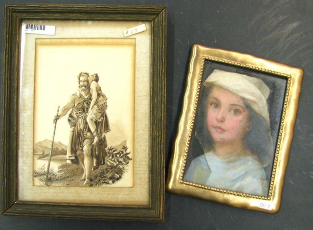 Appraisal: Vintage framed sepiatone print of man carrying boy possibly Abraham