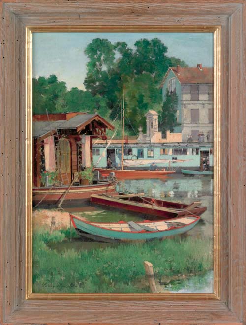 Appraisal: Louis Auguste Chevalier French oil on canvas canal scene signed