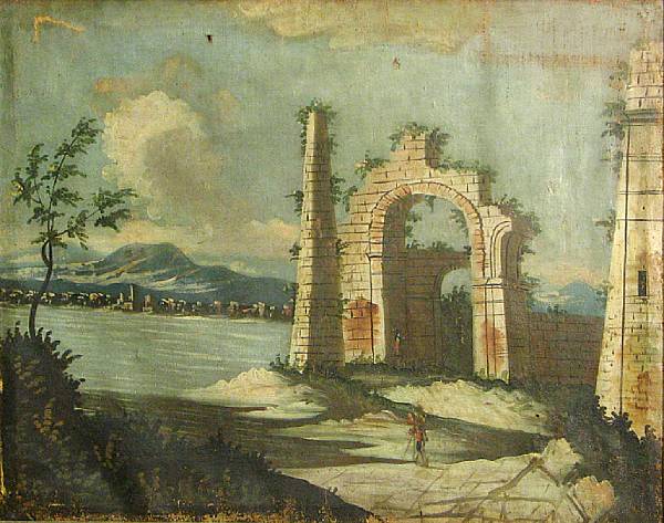 Appraisal: Italian School th Century A capriccio landscape with figures also