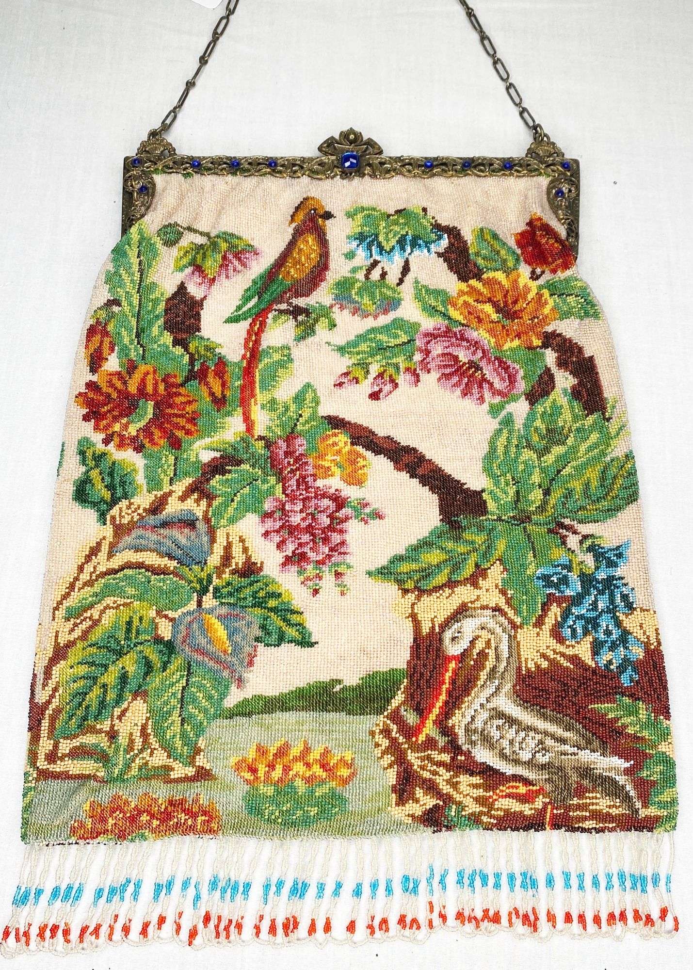 Appraisal: Micro Beaded Purse With Birds and Jeweled Frame long at