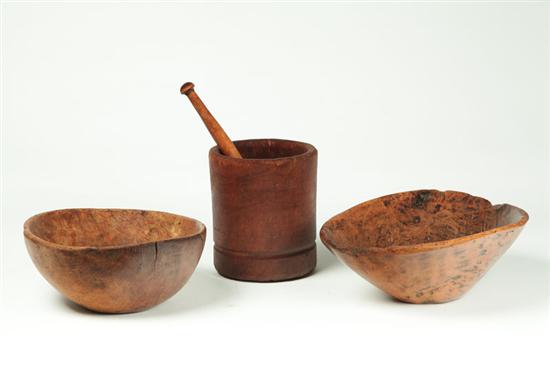 Appraisal: MORTAR AND PESTLE AND TWO BOWLS American th century Walnut